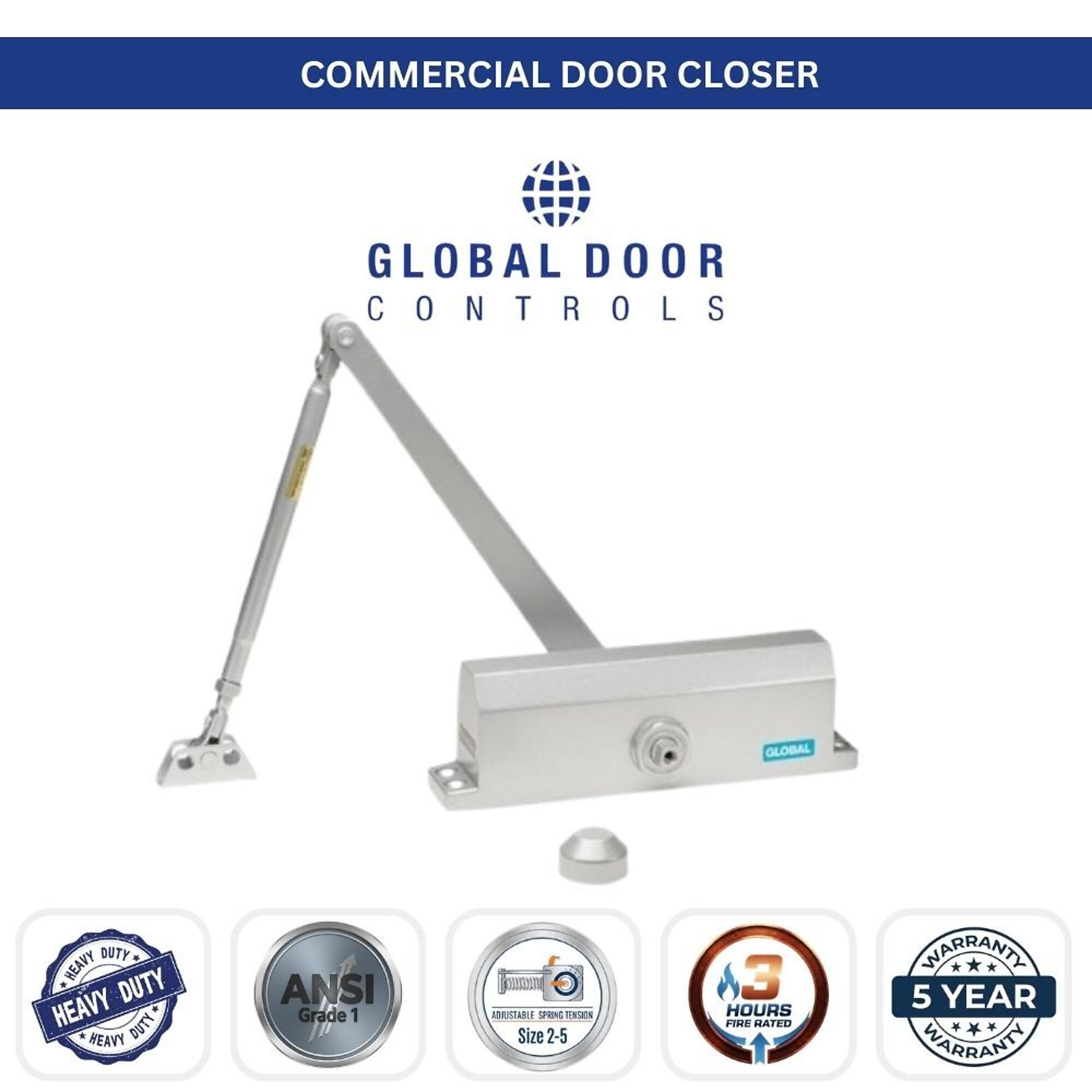 Global Door Controls, Streamline Commercial ADA Grade 1 Door Closer in Aluminum - Sizes 2-5, #TC2201ADA-AL